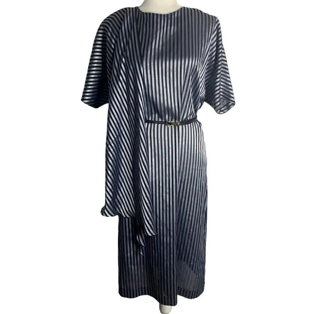 Vintage 80s Slightly Sheer Midi Dress M Blue Stripe Dolman Sleeve Side Ruffle